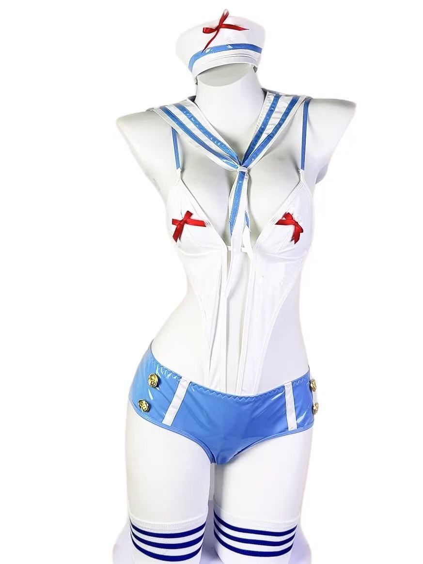 Morrvyn Anime Sailor Lingerie Set - Kawaii Navy Cosplay Bodysuit with Hat