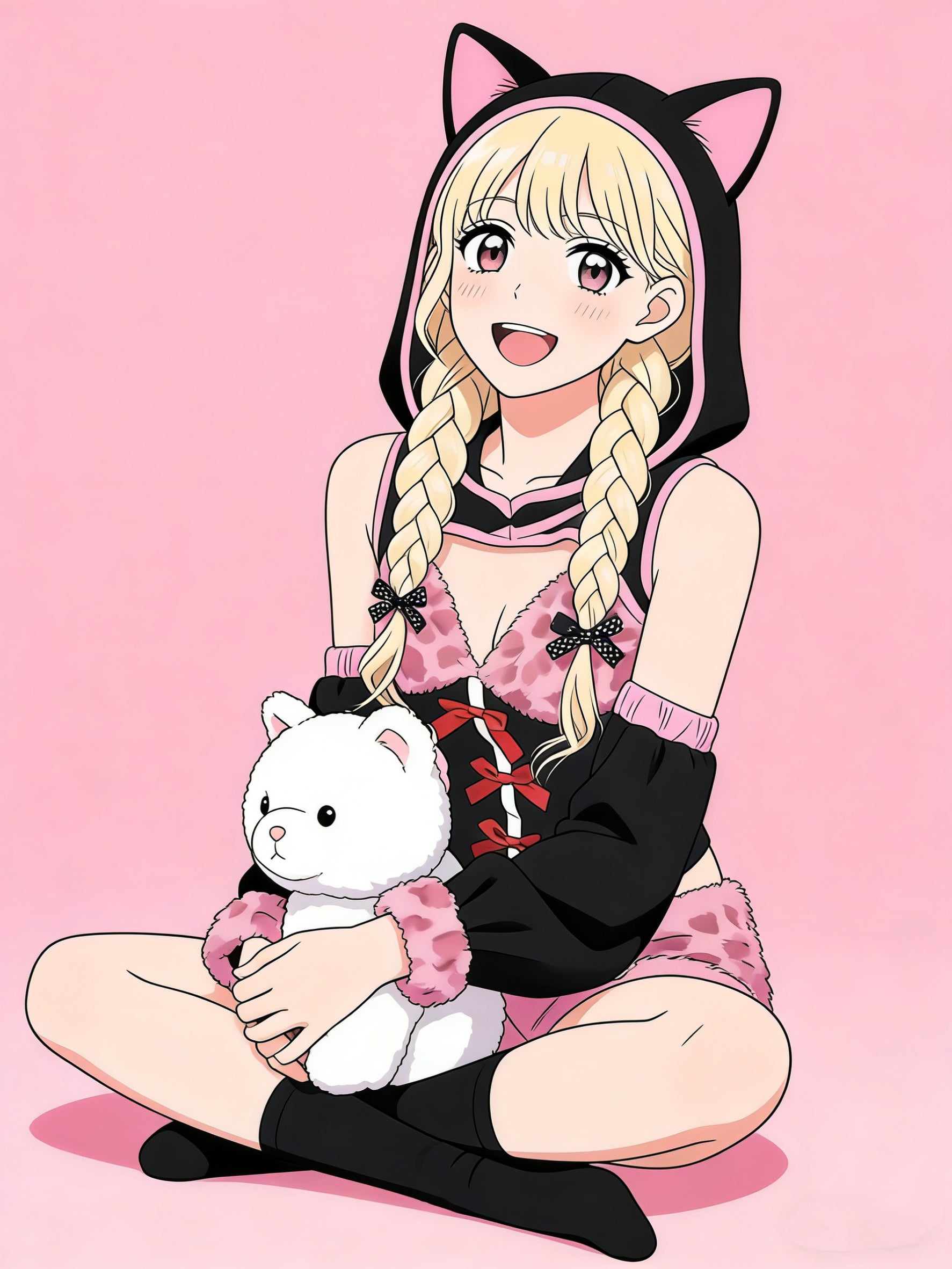Morrvyn Pink Leopard Cat Girl Bodysuit - Anime Kawaii Hooded Lingerie Cosplay Costume