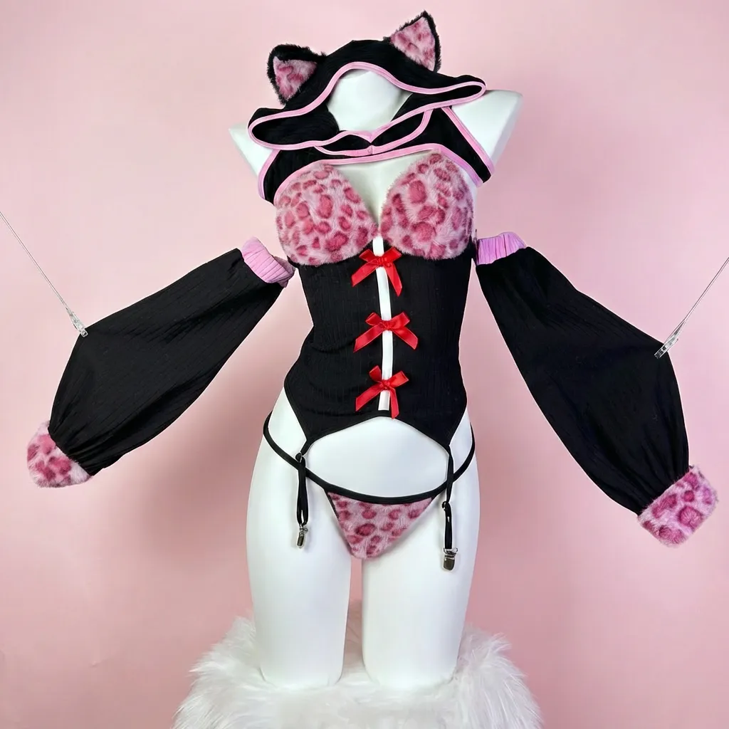 Morrvyn Pink Leopard Cat Girl Bodysuit - Anime Kawaii Hooded Lingerie Cosplay Costume