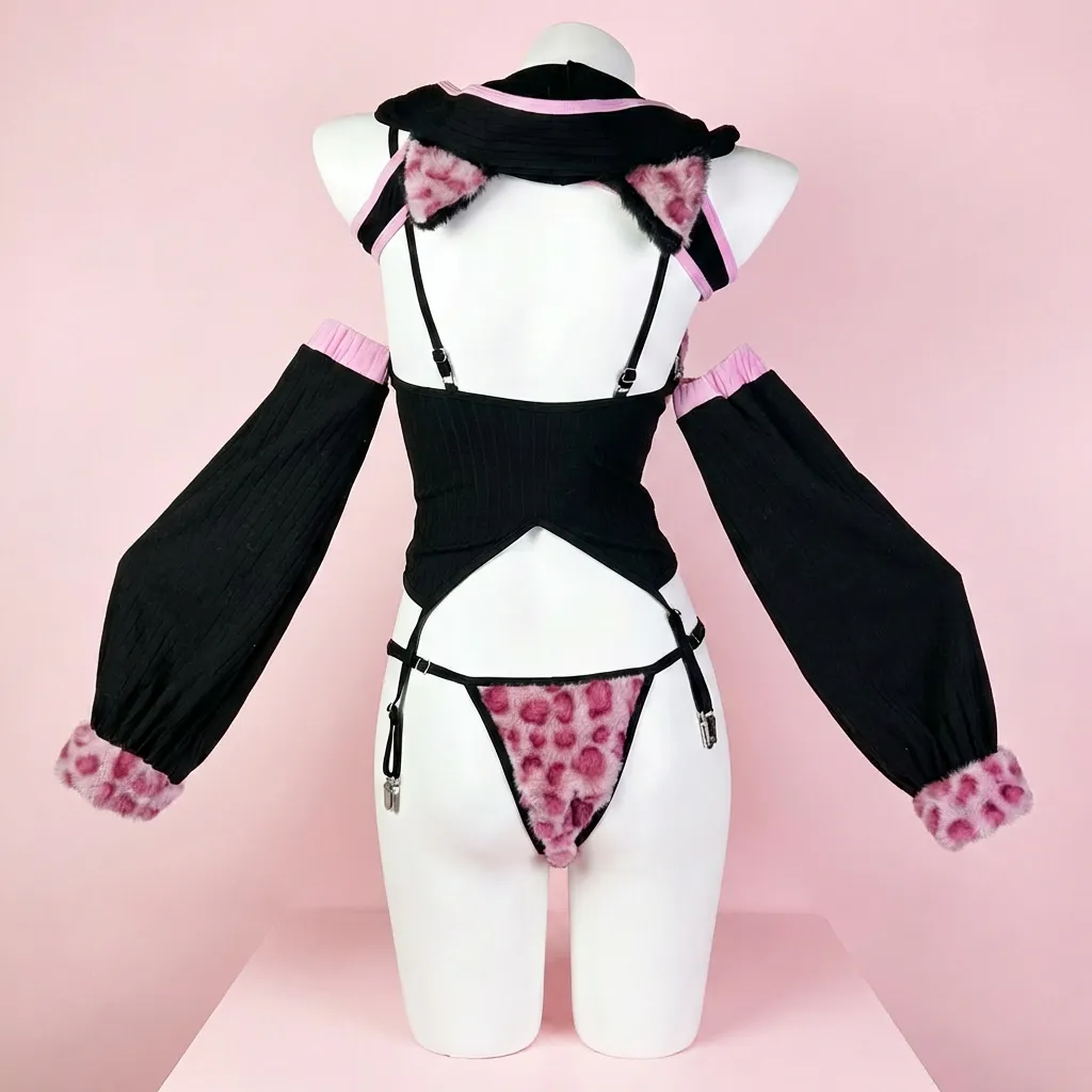 Morrvyn Pink Leopard Cat Girl Bodysuit - Anime Kawaii Hooded Lingerie Cosplay Costume