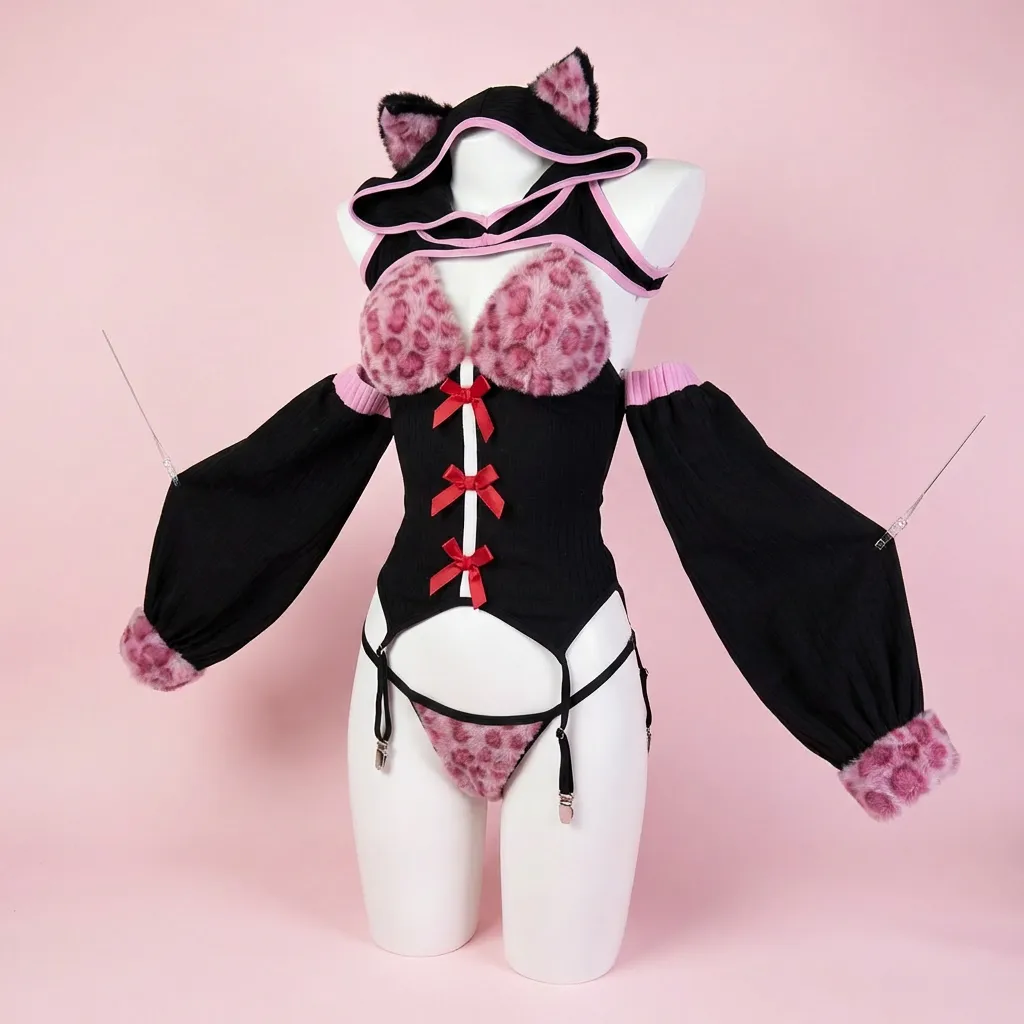 Morrvyn Pink Leopard Cat Girl Bodysuit - Anime Kawaii Hooded Lingerie Cosplay Costume