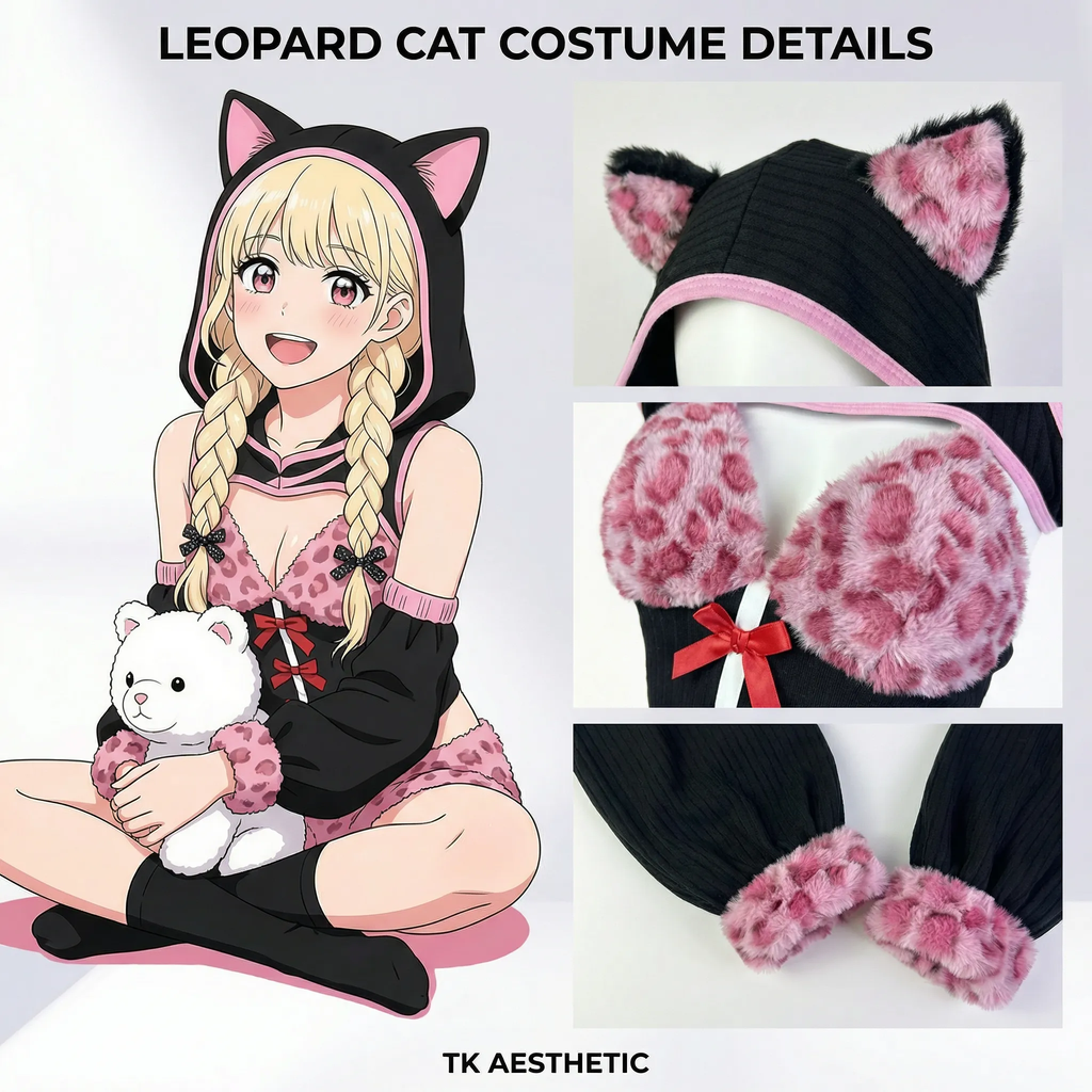 Morrvyn Pink Leopard Cat Girl Bodysuit - Anime Kawaii Hooded Lingerie Cosplay Costume