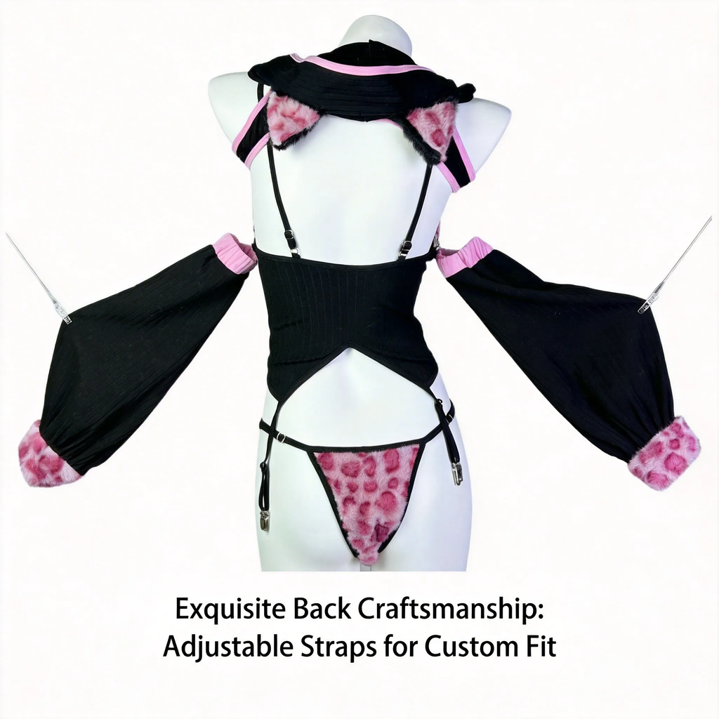 Morrvyn Pink Leopard Cat Girl Bodysuit - Anime Kawaii Hooded Lingerie Cosplay Costume