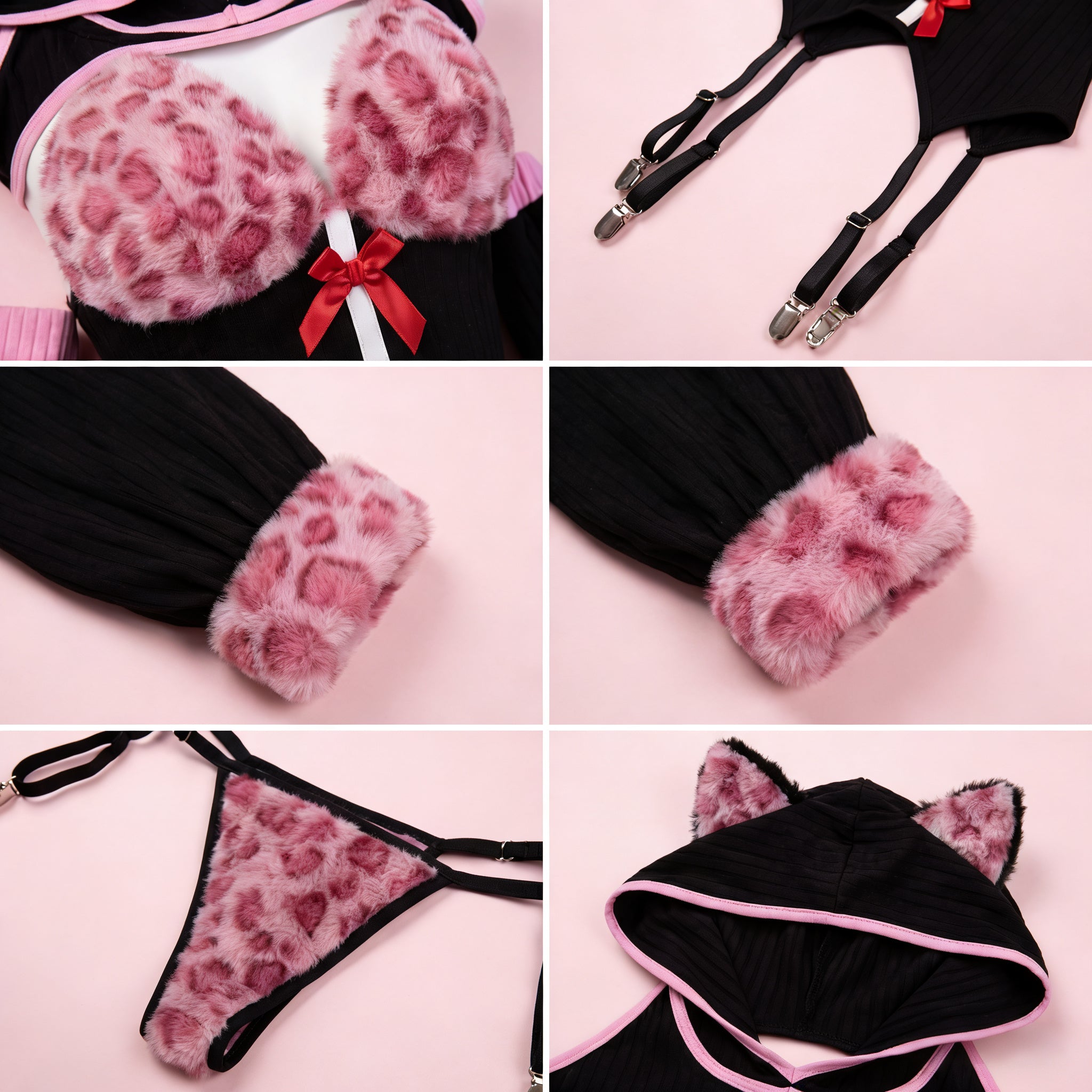 Morrvyn Pink Leopard Cat Girl Bodysuit - Anime Kawaii Hooded Lingerie Cosplay Costume
