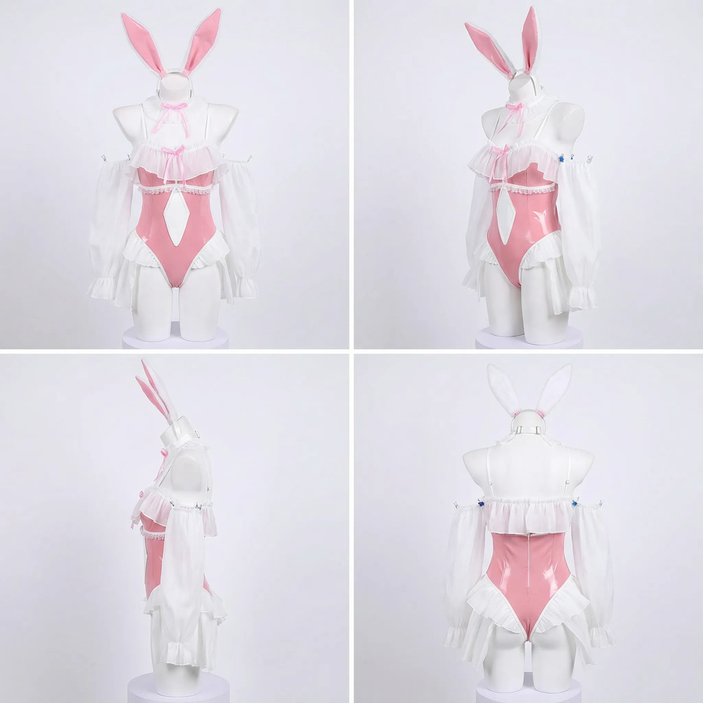 Morrvyn Pink Bunny Maid Bodysuit - Anime Kawaii Rabbit Cosplay Lingerie with Ears