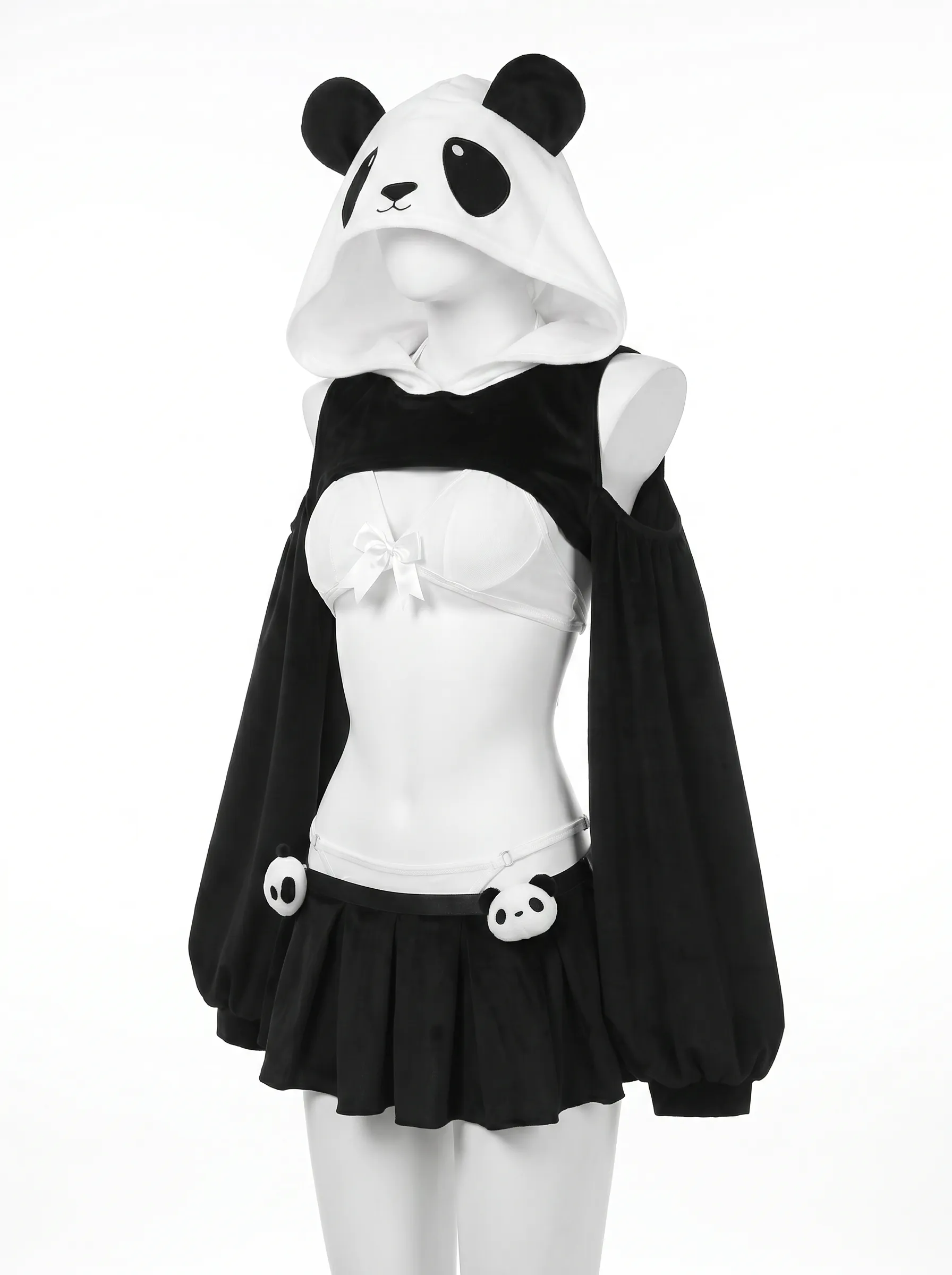 Panda Kawaii 3-Piece Set | Cropped Top + Mini Skirt + Hooded Cape