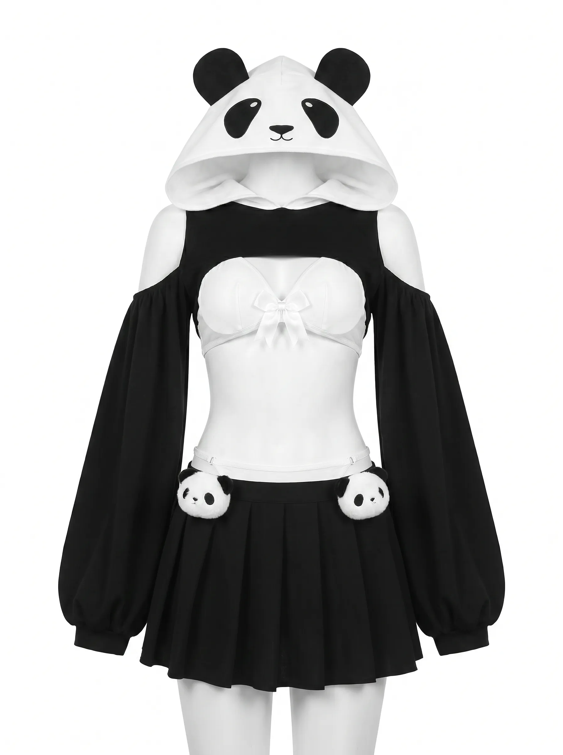Panda Kawaii 3-Piece Set | Cropped Top + Mini Skirt + Hooded Cape