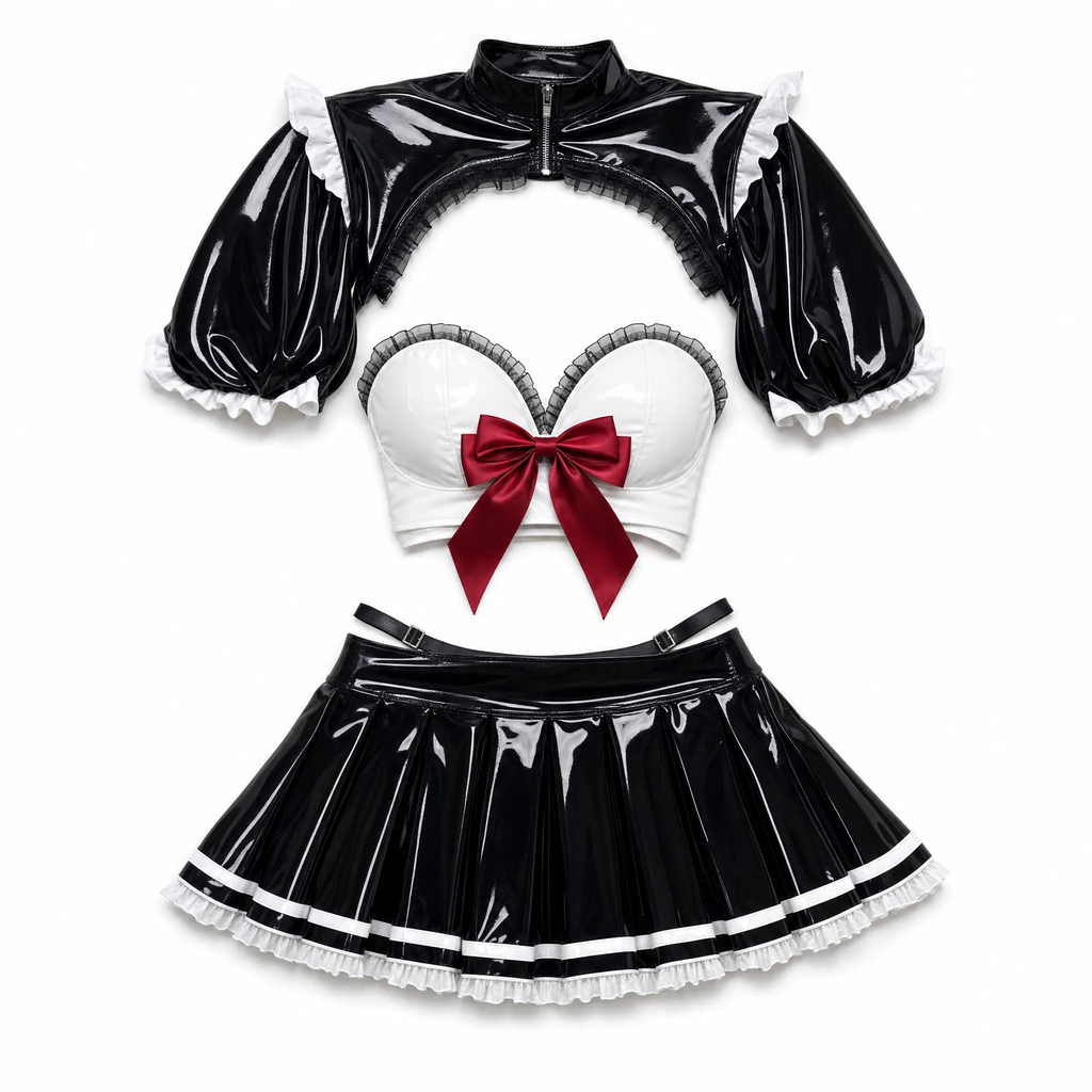 Black & White Maid Costume Set | Anime Cosplay 2-Piece Patent Leather Outfit