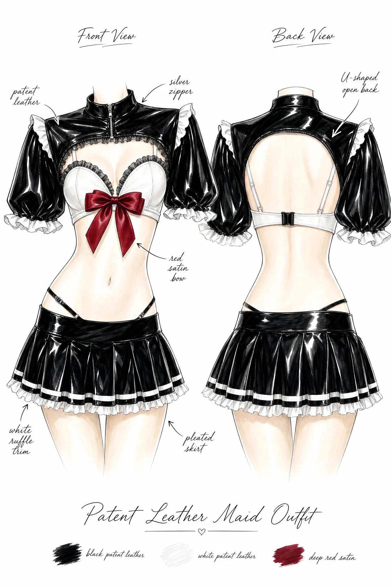 Black & White Maid Costume Set | Anime Cosplay 2-Piece Patent Leather Outfit
