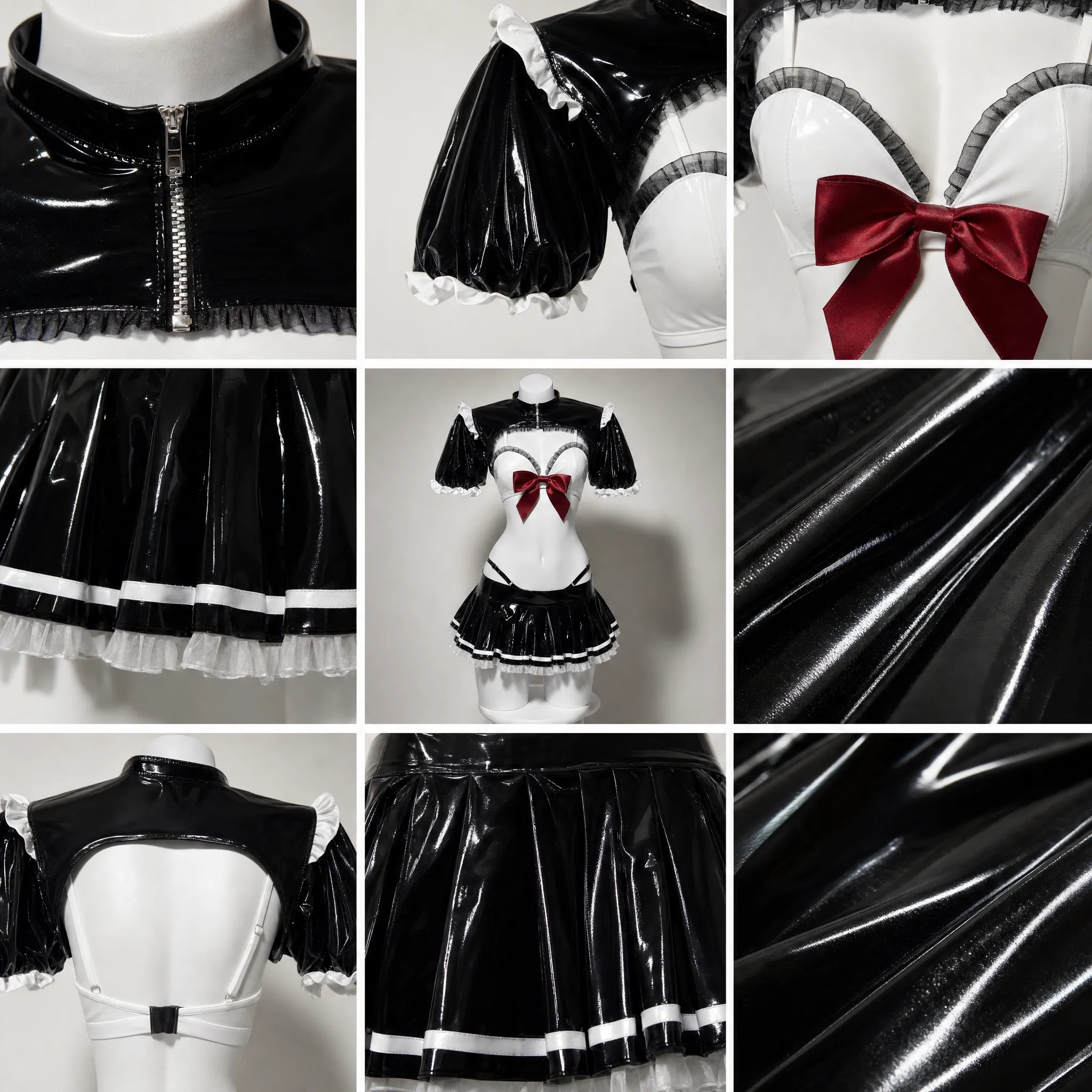 Black & White Maid Costume Set | Anime Cosplay 2-Piece Patent Leather Outfit