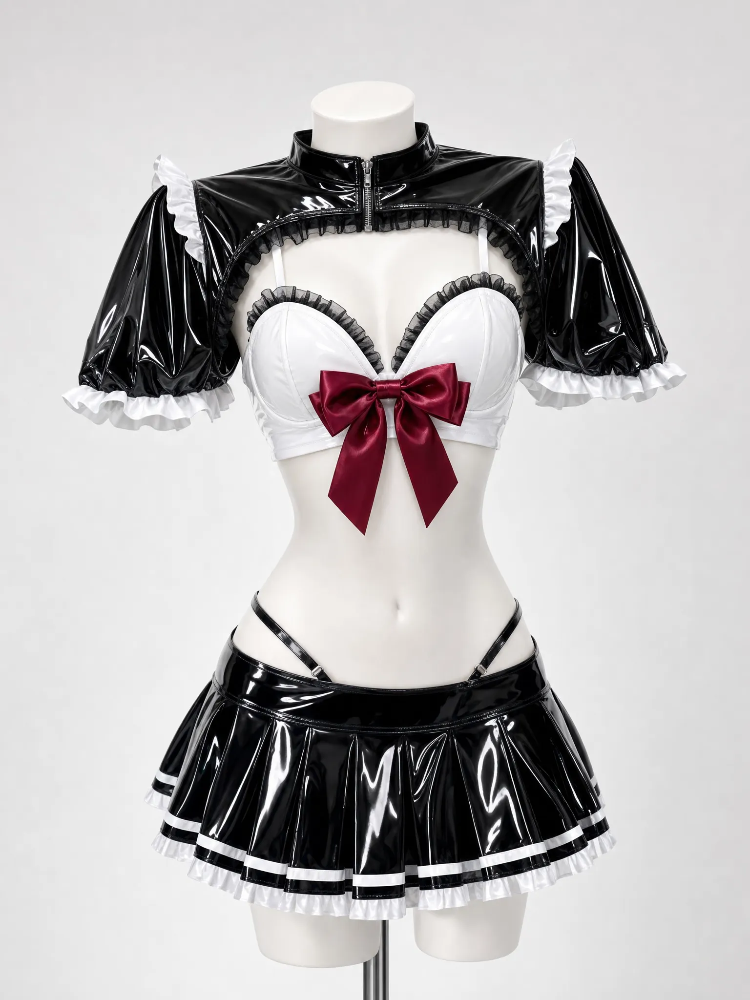 Black & White Maid Costume Set | Anime Cosplay 2-Piece Patent Leather Outfit