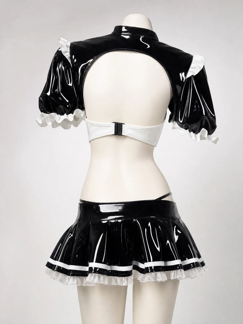 Black & White Maid Costume Set | Anime Cosplay 2-Piece Patent Leather Outfit
