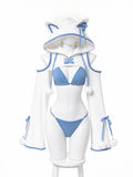 Women's Anime Cat Ear Knit 3-Piece Outfit, Blue & White Lingerie Set with Hooded Cardigan