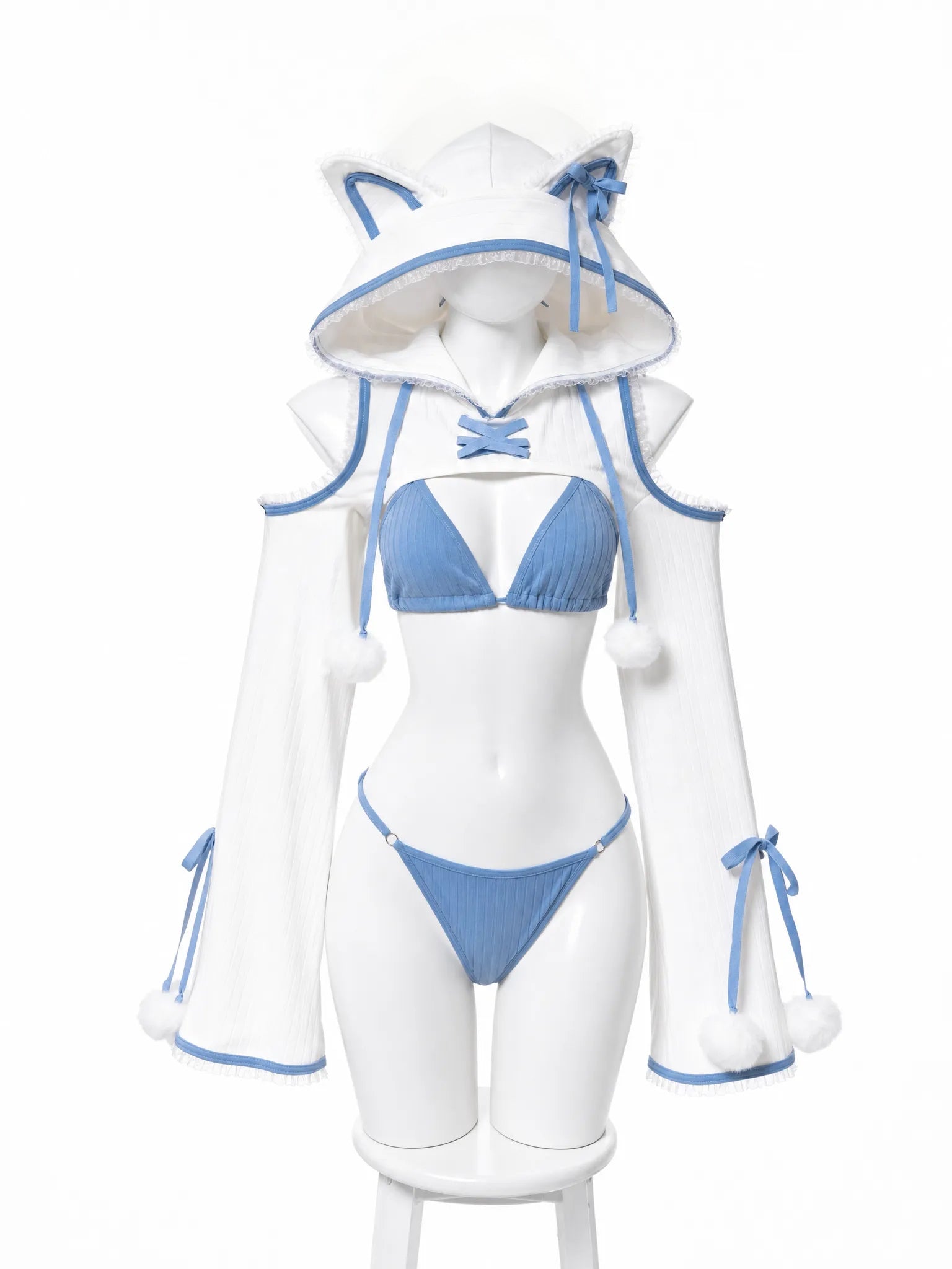 Women's Anime Cat Ear Knit 3-Piece Outfit, Blue & White Lingerie Set with Hooded Cardigan