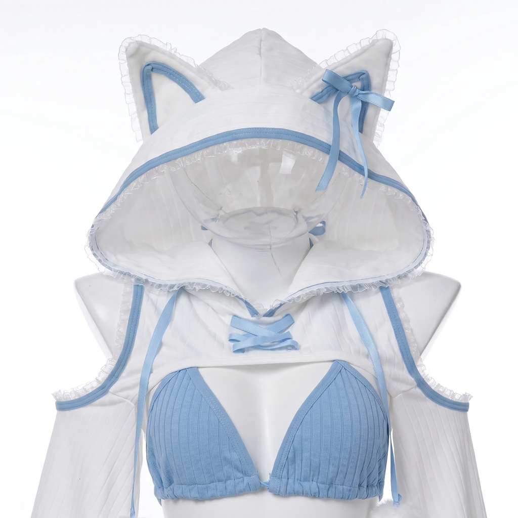 Women's Anime Cat Ear Knit 3-Piece Outfit, Blue & White Lingerie Set with Hooded Cardigan
